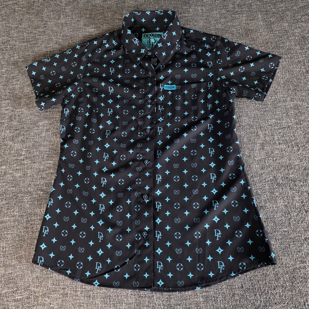 Dixxon The Bougie Shirt Mens Small Black Blue Monogram Short Sleeve Button Up